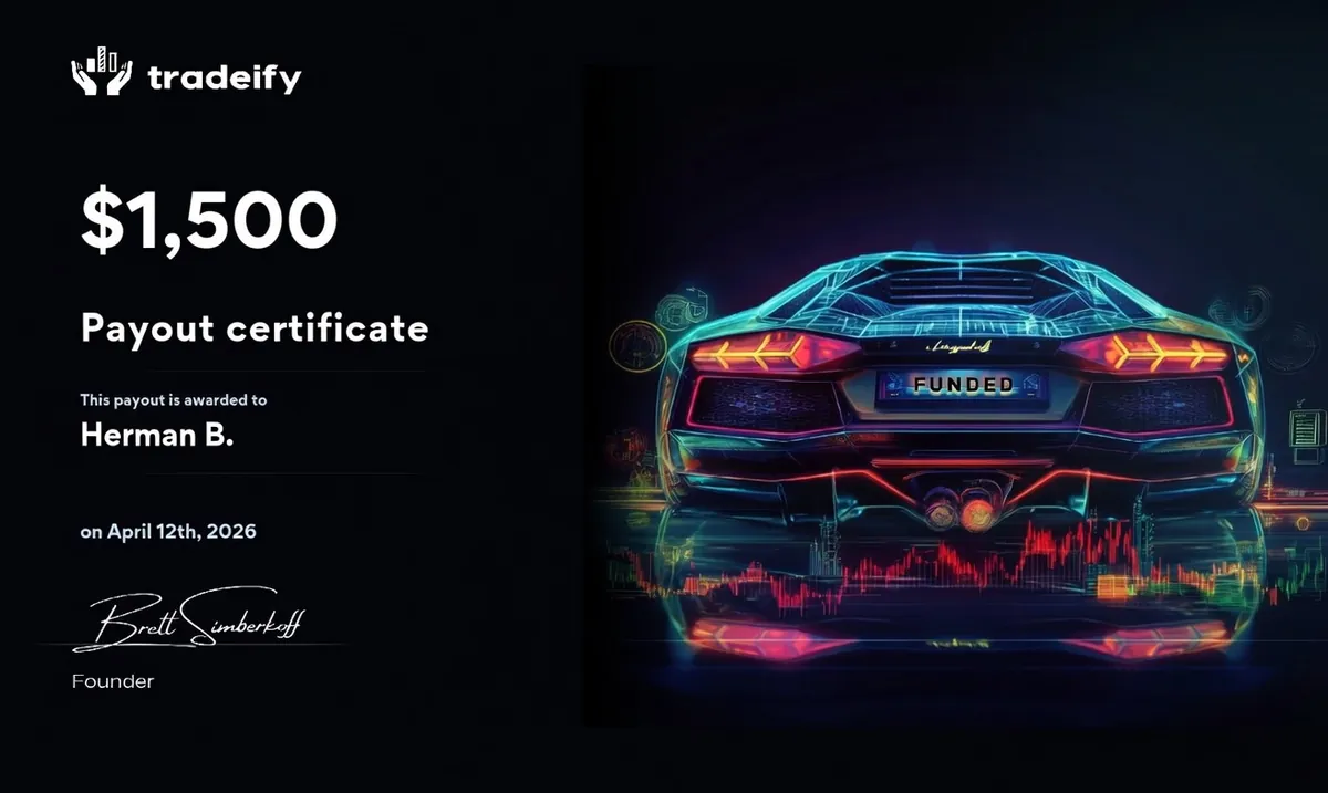 Tradeify payout certificate · $1,500, 12 Apr 2026, issued to Herman